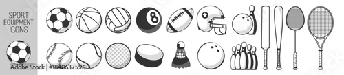 Sport equipment icons, ball collection, soccer, basketball, football, tennis, volleyball, baseball, cricket, hockey, golf, bowling, minimalist vector set on transparent background