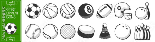 Sports balls minimal flat icon set, monochrome vector collection of soccer, football, tennis, golf, bowling, basketball, hockey, volleyball, rugby and baseball on transparent background