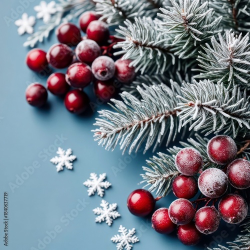 Frosted pine branches with red berries and snowflakes on a blue background. A festive arrangement suitable for winter decorations.