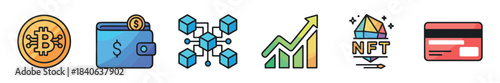 Colorful set of financial technology icons including cryptocurrency, wallet, blockchain, growth chart, NFT, and credit card symbols in a simple flat line art style illustration