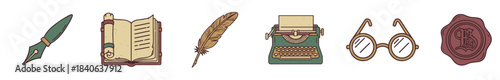 Set of retro writer and poet icons featuring a typewriter, quill, fountain pen, open book, glasses, and a wax seal stamp, all rendered in a vintage line art illustration style