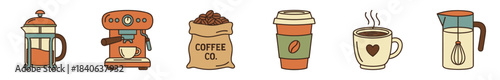 Collection of retro coffee making icons showing a french press, espresso machine, beans, to-go cup, mug, and milk frother in a vintage line art illustration style