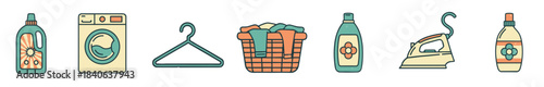 Set of colorful laundry service icons including a washing machine, detergent, iron, and basket in a retro line art illustration style with a vintage color palette
