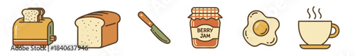 Charming set of breakfast food icons featuring a toaster, bread, jam, fried egg, knife, and hot coffee, all rendered in a cute and simple retro cartoon illustration style
