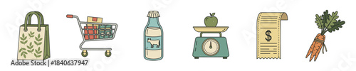 Set of six grocery shopping icons including a reusable bag, shopping cart, milk bottle, kitchen scale, receipt, and carrots in a charming hand-drawn cartoon illustration style