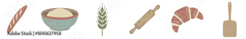 Charming set of baking illustrations featuring a baguette, flour, wheat, rolling pin, croissant, and spatula in a rustic, hand-drawn style with a muted color palette