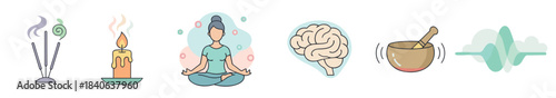 Set of six meditation and mindfulness icons including a woman in lotus pose, brain, singing bowl, candle, incense, and sound wave, drawn in a simple pastel line art style