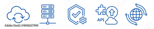 Blue line art icons for technology concepts including cloud synchronization, server database, security settings, API integration, and global network connection in a minimalist style