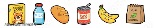 Cute set of cartoon grocery items including a cereal box, milk bottle, bread, soup can, bananas, and a paper bag, all with adorable kawaii faces in a charming vector illustration