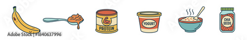 Set of healthy breakfast food icons with banana, peanut butter, protein powder, yogurt, oatmeal, and chia seeds in a colorful retro doodle style illustration for diet and nutrition concepts