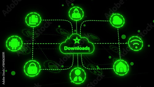 Advanced cloud Downloads system with secure network connection, data protection, encryption process, file sharing, digital storage, and online synchronization technology