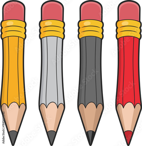 Cartoon short pencils set, colorful wooden graphite drawing tools, school supplies, art and education materials