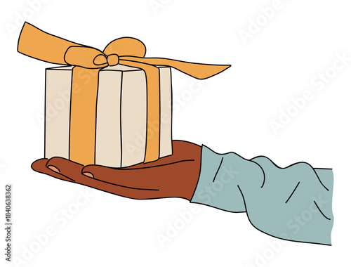A clean minimalist illustration of a hand in light blue sleeve holding a cream gift with an orange bow, drawn in smooth line art isolated on transparent background