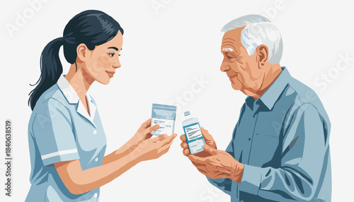 Nurse handing medicine to an elderly patient in a caring interaction