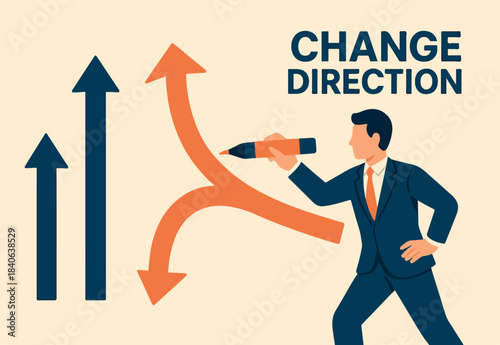 Change direction or career path for best opportunity, turn or transform to different direction, choice or alternative way to progress concept, businessman draw new arrow metaphor of change direction.