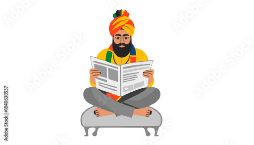 Man in a turban sitting and reading a newspaper in a relaxed pose on a white background