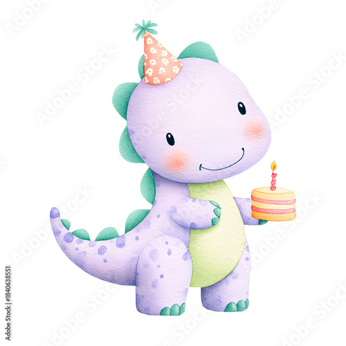 Cute purple dinosaur holding a birthday cake, whimsical illustration on a transparent background