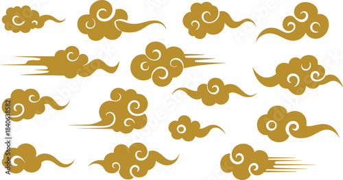 Golden Chinese cloud vector collection with traditional Asian swirl patterns, elegant decorative design elements for art, background, and cultural illustration