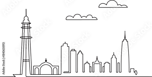 Continuous Line Art of Karachi Skyline with Clifton Tower Minimal Outline Illustration