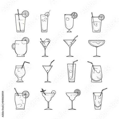 Hand-drawn sketch cocktail glass icons in grayscale style
