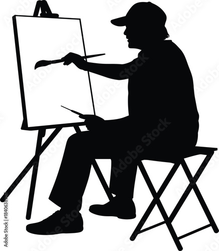 Male artist silhouette painting on easel, creative professional, painter, art studio, artistic occupation hobby