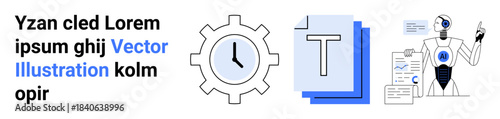 Automation, artificial intelligence, digital tools, productivity, futuristic interfaces, time management. Clock gear, text document robot pointing at data. Automation and artificial intelligence