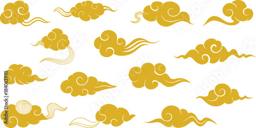 Golden Chinese cloud vector collection with traditional Asian swirl patterns, elegant decorative design elements for art, background, and cultural illustration