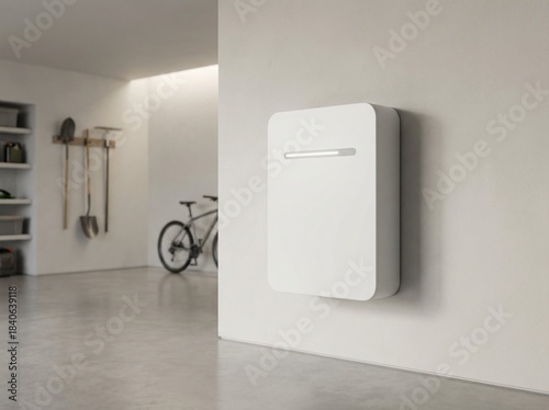 Residential solar energy battery for sustainable power backup mounted on a modern garage wall.