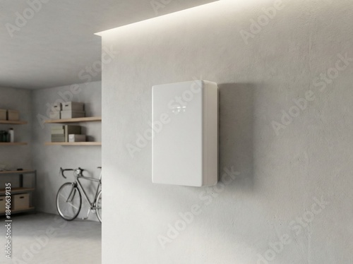 Wall-Mounted Home Battery Storage System for Sustainable Energy in a Modern Concrete Garage.