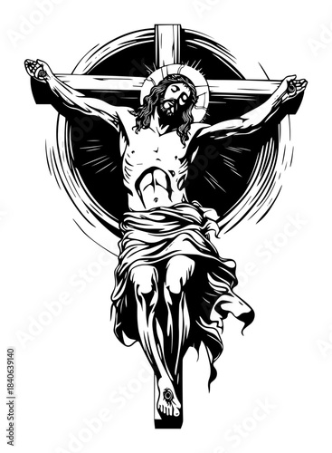 Jesus Christ crucifixion on the cross, religious vector illustration, catholic savior sacrifice sketch, woodcut faith symbol