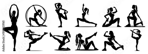 Yoga and gymnastics women silhouettes set, vector illustration, female fitness workout poses collection