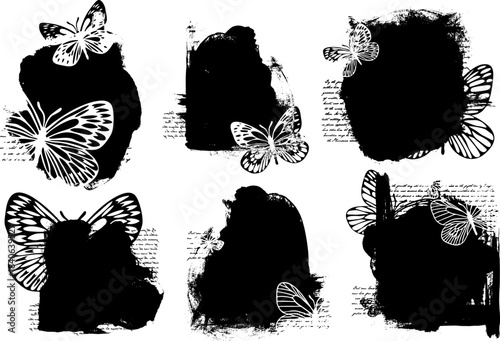 Universal spring- summer masks set with butterflies, framework, classic grunge
