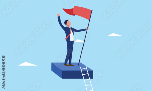 Businessman on top with flag - Male businessperson climbing career ladder and lever rising to the top achieving success. Business accomplishment concept in flat design vector illustration