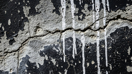 Cracked concrete wall with peeling black paint and white drips