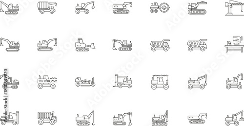 Black and white construction icon set featuring heavy machinery, vehicles, and tools for engineering, building, and industrial design
