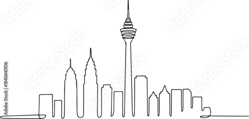 Continuous Line Art of Kuala Lumpur Skyline with Menara KL Tower Minimal Outline Illustration