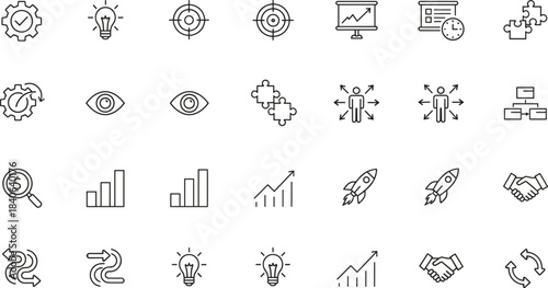 Minimalist business strategy icon set featuring innovation, analytics, teamwork, growth, and planning symbols for corporate and presentation design