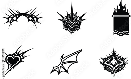 A collection of striking dark fantasy and gothic tribal vector elements featuring thorns hearts wings and emblems perfect for various creative graphic design projects