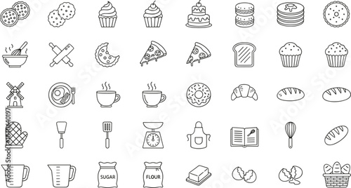 Black and white baking icon set featuring desserts, utensils, ingredients, and kitchen tools for culinary, food, and cooking design