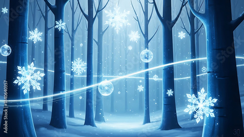 Enchanted Winter Forest with Snowflakes and Orbs Keywords: winter, forest, snow, snowflakes