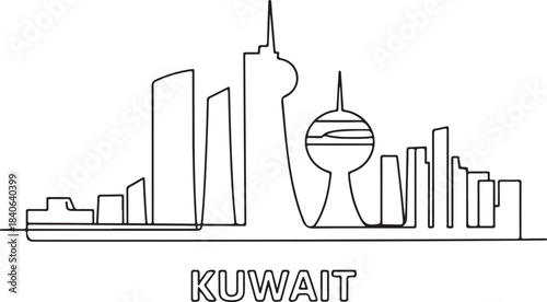 Continuous Line Art of Kuwait City Skyline with Tight Cluster Towers Minimal Outline Illustration