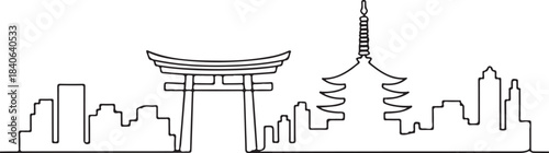 Continuous Line Art of Kyoto Skyline with Torii Gate and Pagoda Minimal Outline Illustration