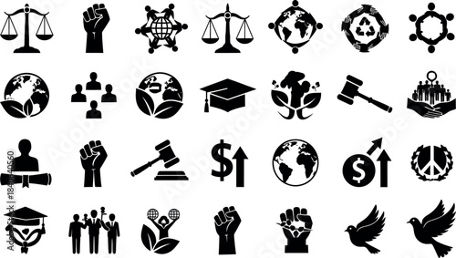 Black silhouette icons representing law justice education and global concepts