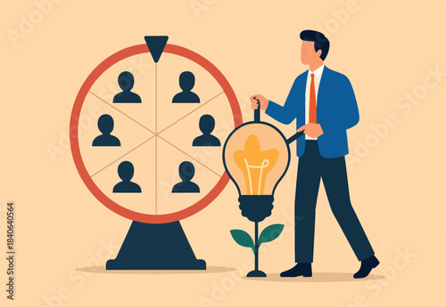 Choosing candidate, hiring new headcount or applicant, lucky winner staff, human resources pick new talent or layoff employee concept, businessman HR staff picking candidate by lucky draw wheel.