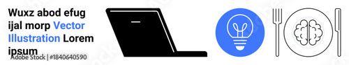 Education, creativity, innovation, technology, knowledge sharing, cognitive skills. Black laptop silhouette, blue lightbulb brain on a plate with utensils. Creativity and innovation concepts