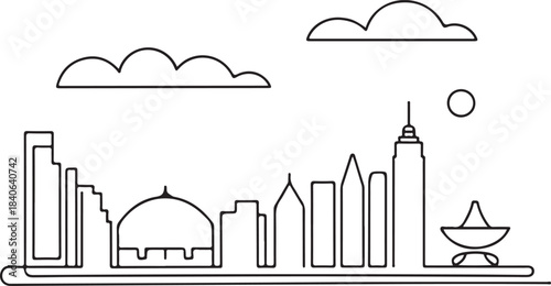 Continuous Line Art of Lagos Skyline with Minimal Black Outline Illustration