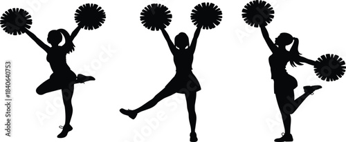 Cheerleader silhouette vector set, dancing girl with pom-poms, sport team mascot, rhythmic gym performance icon