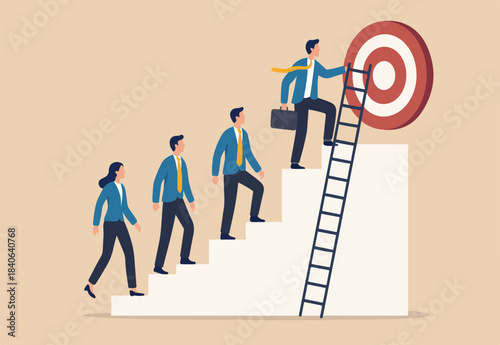 Climb corporate ladder to achieve career target, stair to reach work success, employee career path winning steps or achievement concept, business people employee queue to climb ladder to reach target.