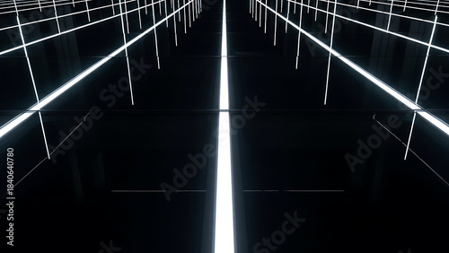 Futuristic Grid Tunnel with Glowing White Lines abstract