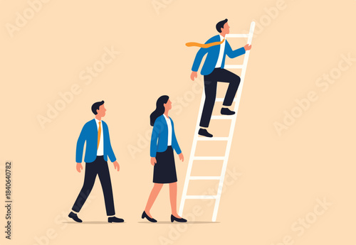 Climbing corporate ladder, job promotion or career growth, ladder of success, opportunity or challenge to grow career, businessman woman employee line up to climb corporate career ladder of success.